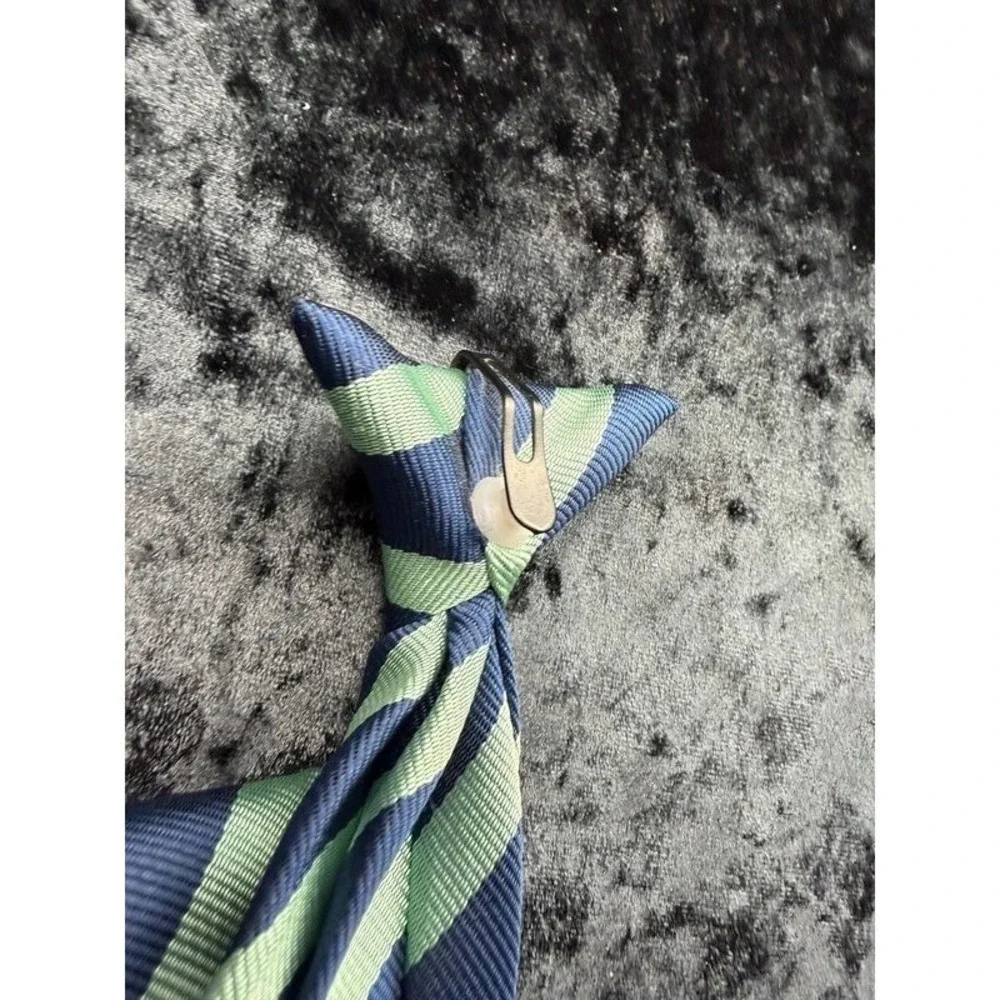 Boys Clip-On Tie Navy Green Repp Stripe 17